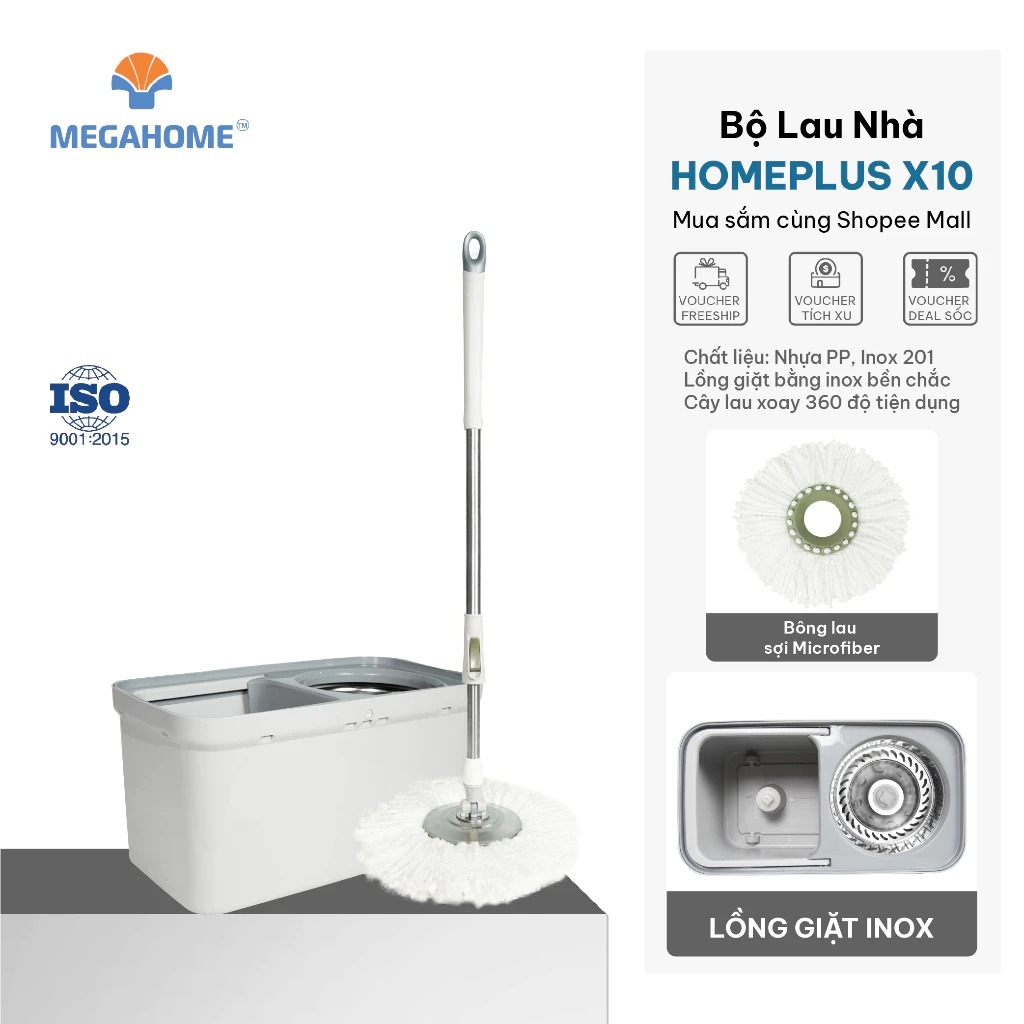 Bộ Lau Nhà Homeplus X10 Thùng Lau Vuông Sang Trọng, Mâm Lau Inox, Cây Lau Siêu Nhẹ