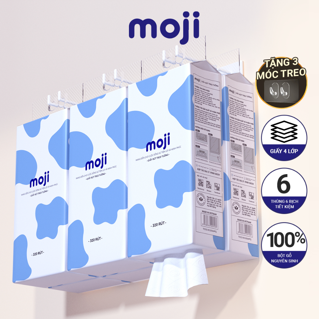 Thùng 6 túi khăn giấy rút treo tường MOJI (tặng móc treo) siêu dai và mềm mịn không chất tẩy trắng