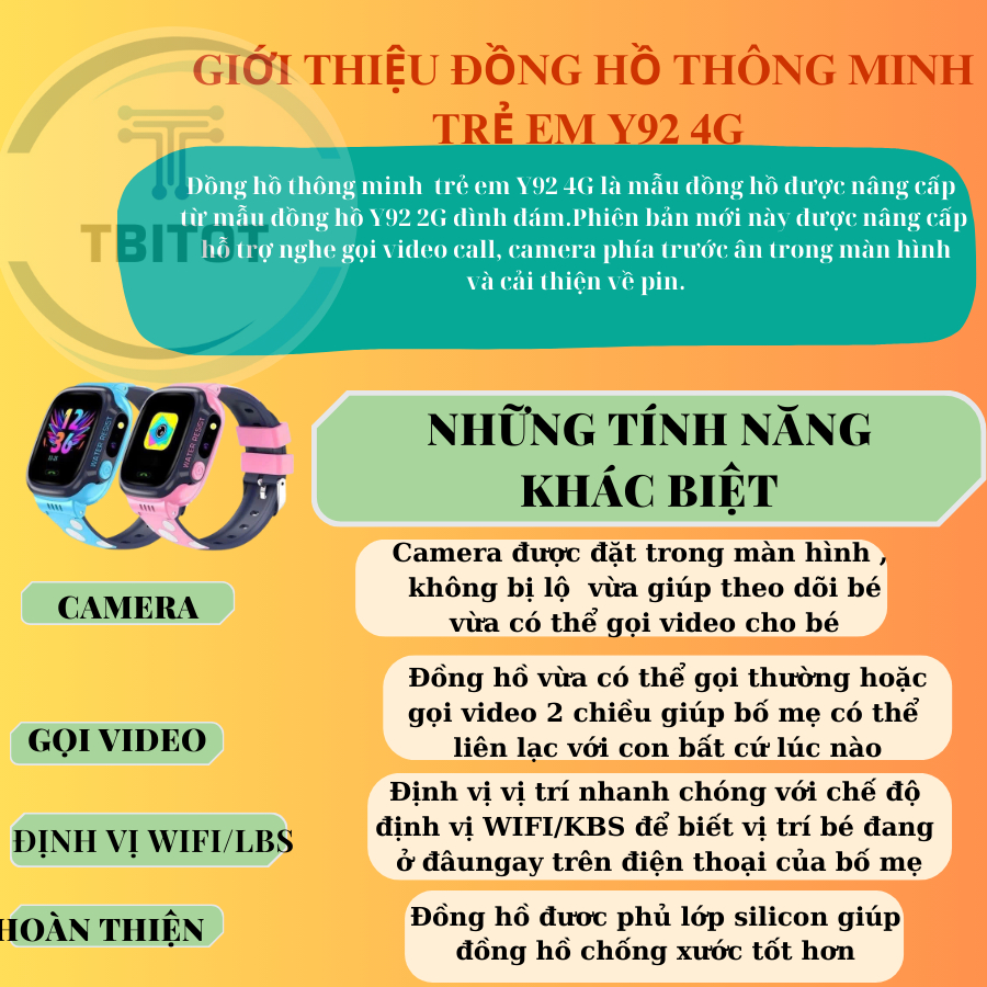 Đồng hồ định vị trẻ em Y92 4G bản mới 2024 cho bé nghe gọi,gọi video, lắp sim 4G, định vị, chụp ảnh,