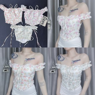  Áo ống hoa voan form corset vạt nhọn viền tay bèo dây rút đan chéo lưng tieencorner 442 
