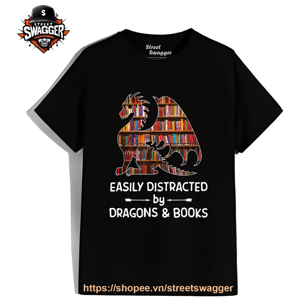 Áo Thun Xuất Mỹ Unisex Easily Distracted by Dragon and Books Nerds T Shirt