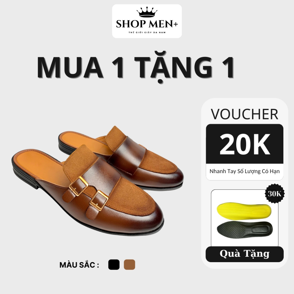 Dép sục nam da lộn đai khuy hợp kim shopmen+ đế bằng khâu đế trống trơn trượt