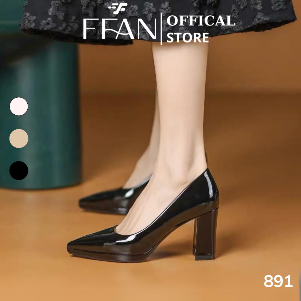 Giày cao gót mũi nhọn đế đúp gót vuông 8 phân [da bóng mềm mại] 891 FFAN STORE, bít mũi màu đen be t