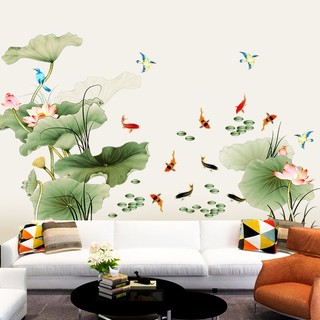 Decal dán tường Cá và hoa sen 3D SIÊU HOT