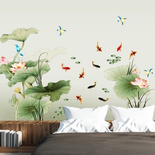 Decal dán tường Cá và hoa sen 3D SIÊU HOT