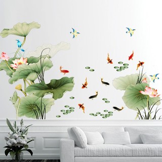 Decal dán tường Cá và hoa sen 3D SIÊU HOT