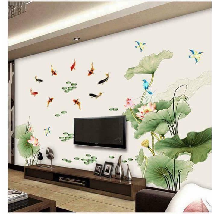 Decal dán tường Cá và hoa sen 3D SIÊU HOT