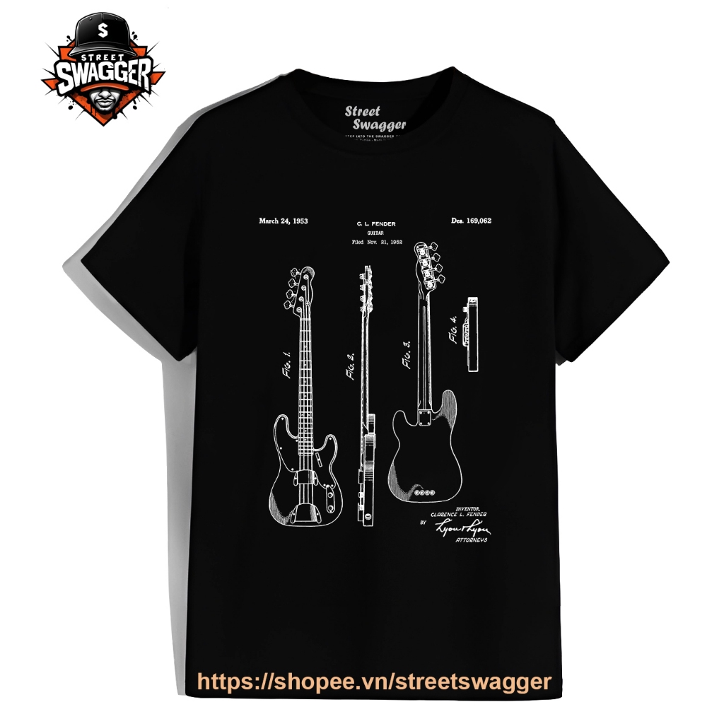 Áo Thun Xuất Mỹ Unisex Fender Guitar Patent T Shirt Fender Guitar Blueprint Patent Print T Shirt
