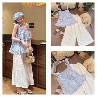  Set áo dây babydoll sọc xanh kèm quần ống rộng trắng phong cách nữ tính nhẹ nhàng trẻ trung   có sẵn   