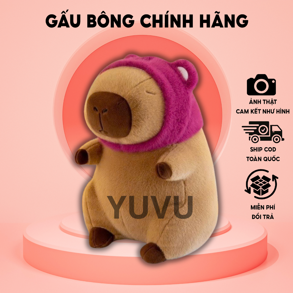 Gấu Bông Capybara Mũ Lotso Chuột Lang Nước Capybara Mũ Lotso Gấu Dâu Siêu Dễ Thương Chính Hãng YUVU