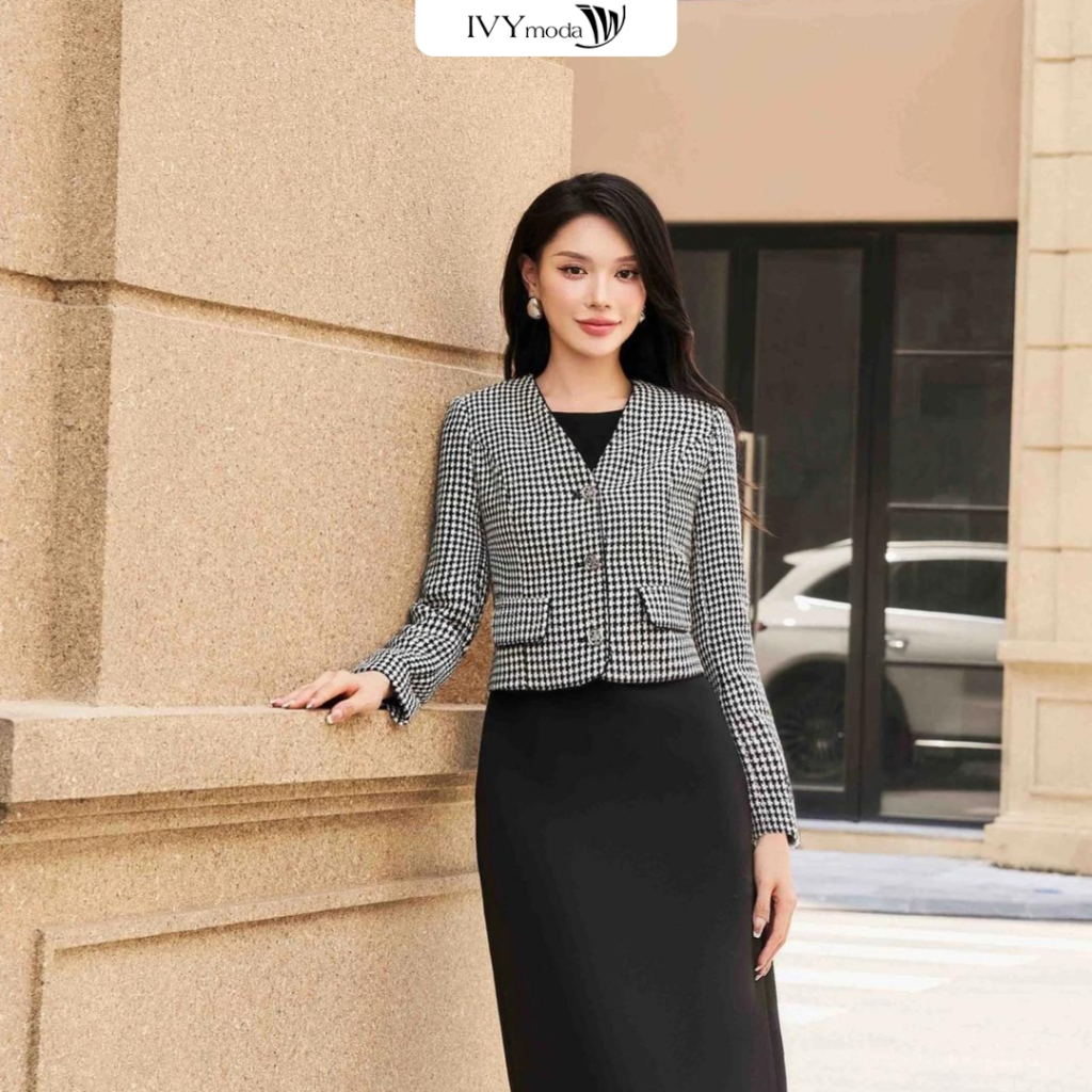 Áo khoác Tweed cổ V Flare nữ IVY moda MS 67M8829