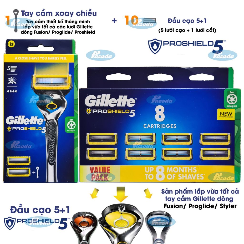 Bộ dao cạo râu 5 lưỡi Gillette Proshield5 (1 tay cầm xoay chiều + 10 đầu cạo 5+1)