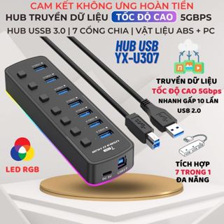HUB USB 3.0 Bộ 7 Cổng Chia YX-U307 LED RGB, Truyền Dữ Liệu Tốc Độ Cao 5Gbps, Vật Liệu ABS + PC