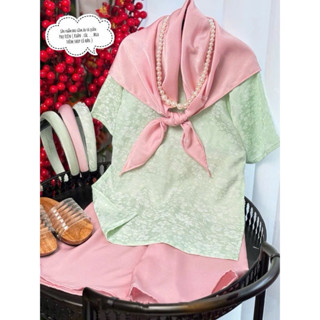  Set áo dài mẹ và bé gái áo gấm xanh ngọc    tặng bờm cho bé  