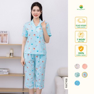 Đồ bộ nữ Pijama lanh mặc nhà thời trang Việt Thắng,quần lửng áo cộc tay họa tiết dễ thương B06.2416