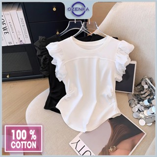  Áo croptop tay hến phồng ngắn sang chảnh ôm nữ ozenka  áo crt cổ tròn cộc tay kiểu nhún eo thun cotton đen trắng 