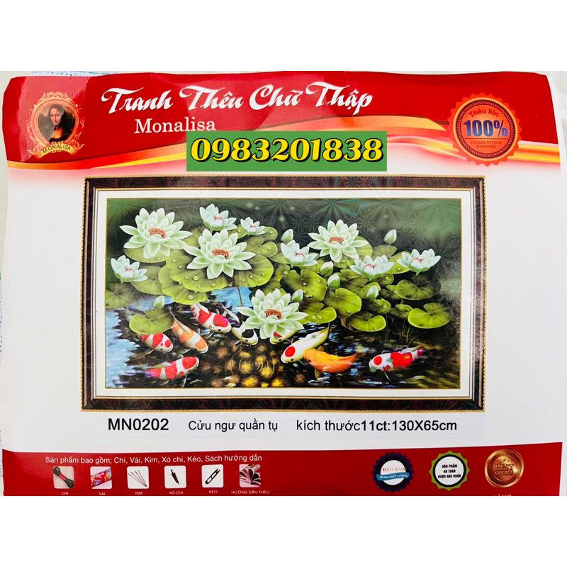 Tranh thêu kín chữ thập Cửu ngư quần hội MN0202, kích thước 130 x 65 cm