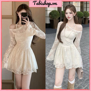 Đầm ren lệch vai tay dài loe TABISHOP Váy nữ màu trắng hoạ tiết ren hoa sang chảnh mặc đi tiệc đi chơi siêu xinh