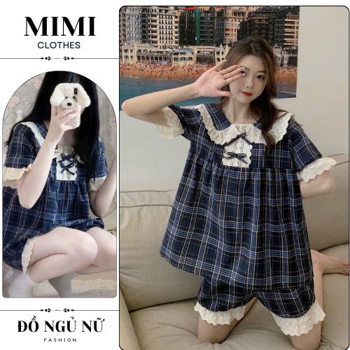Đồ ngủ nữ bộ ngủ cộc tay quần đùi họa tiết kẻ xanh phối bèo siêu cute MIMI CLOTHES hcom1707