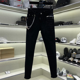Quần Bò Nam DSQ2 đen trơn thêu khoá zip ngang viền đùi phối móc dây xích 4 cúc slimfit basic