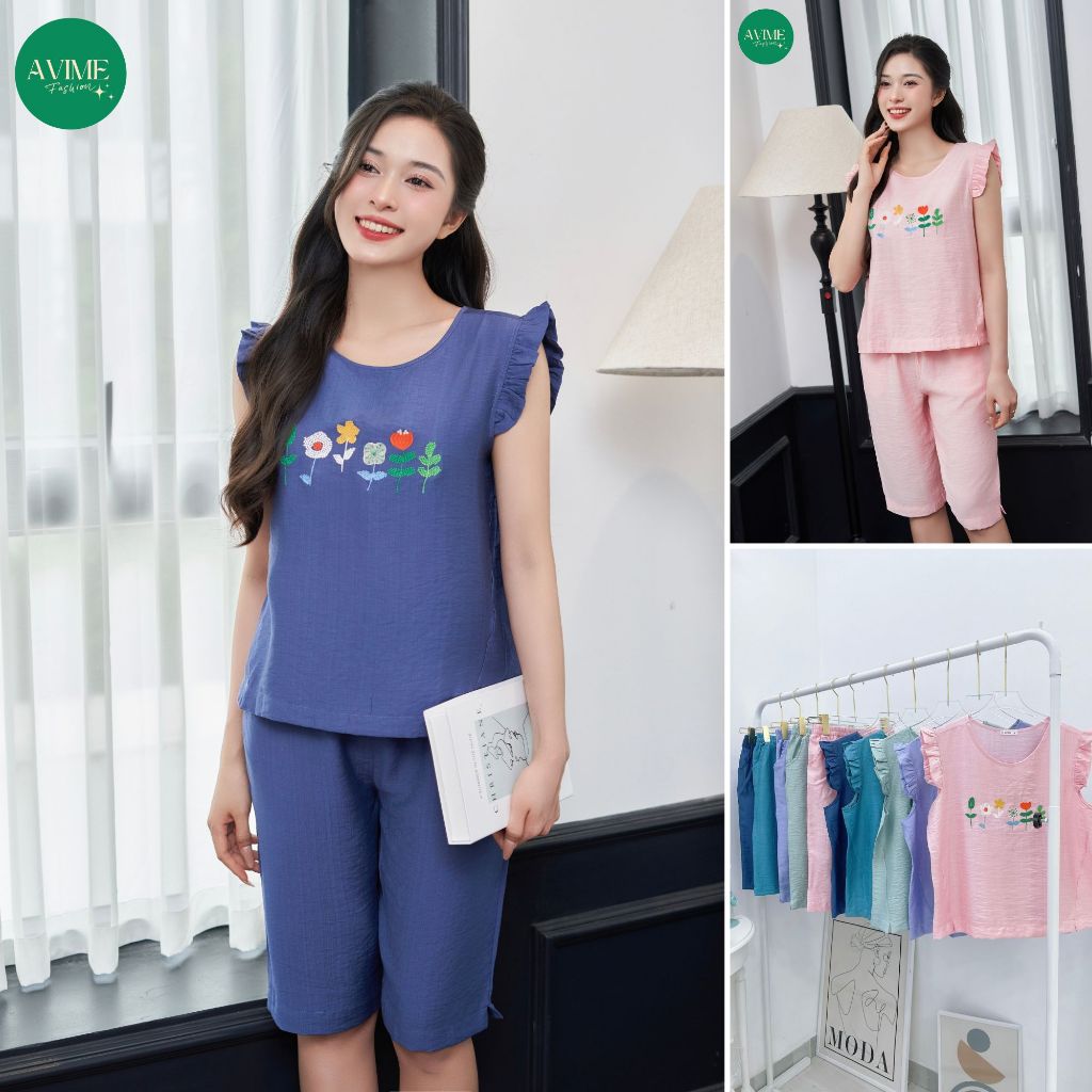 Bộ Pijama Lửng Chất Đũi - Đồ Bộ Nữ Chất Đũi BamBoo mát lạnh Áo Cánh Tiên Quần Lửng Siêu Mát - Avime 