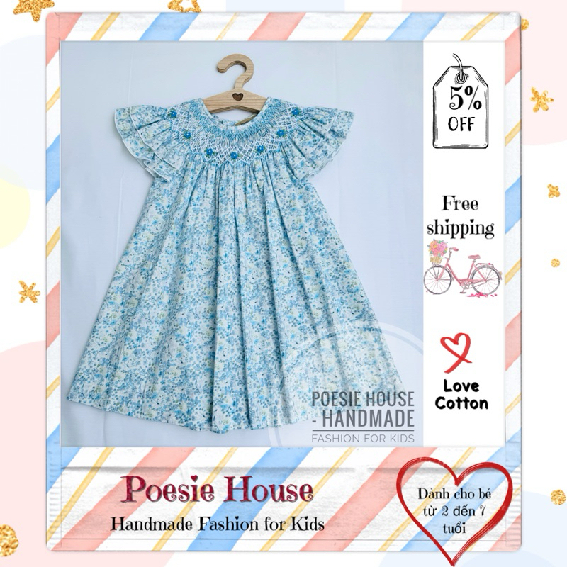 Đầm Smock (Xích Móc) Poesie House may thủ công, tay cánh tiên, thêu hoa dành cho bé gái, vải cotton Hàn, hoa xanh dương