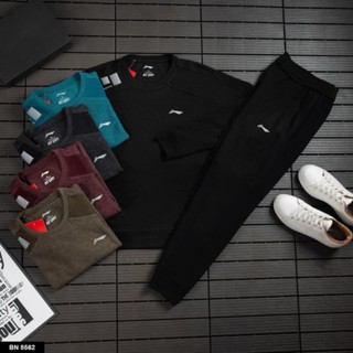 Bộ thu đông dài tay cổ tròn hàng cao cấp Lining chất nỉ ép dày dặn tốt mẫu mới 2025, Set thể thao nam cao cấp