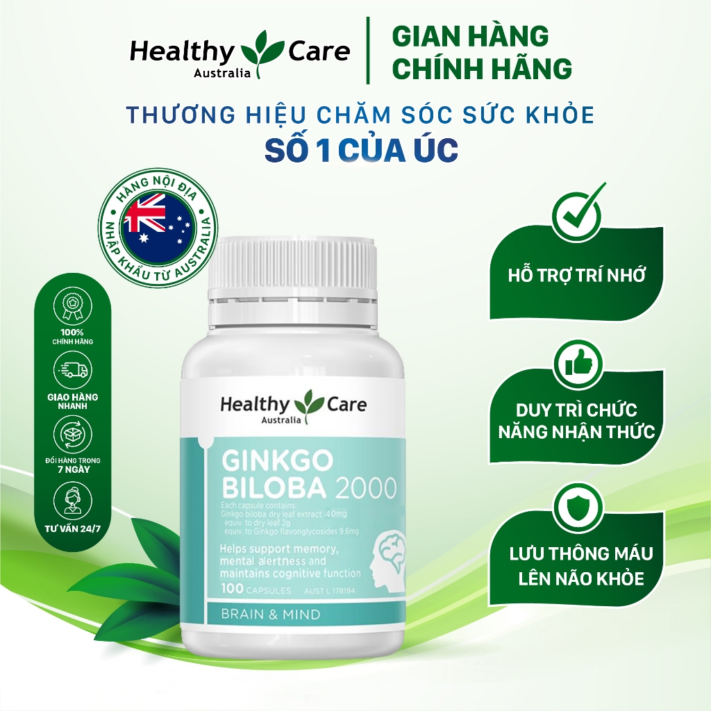 Viên bổ não Healthy Care Ginkgo Biloba 2000mg Hộp 100 viên