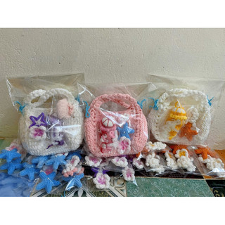 túi len handmade đi biển (đã bao gồm hoa sứ, nơ, sao biển, sứa biển) nhiều phụ kiện