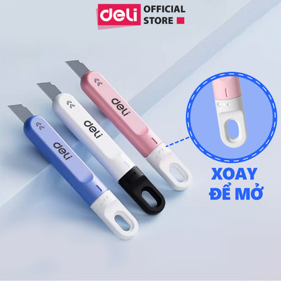 Dao Rọc Giấy DELI Mini Dạng Xoay An Toàn Lưỡi SK5 Sắc Bén Nhiều Màu Nhỏ Gọn Unbox Tiện Lợi Văn Phòng