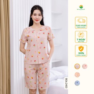 Đồ bộ mặc nhà lanh nữ áo cộc, quần lửng họa tiết thời trang Việt Thắng - B06.2403