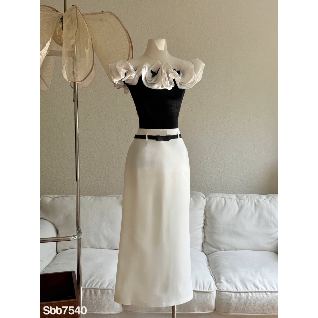 set áo trễ vai chân váy suông dáng maxi, set đồ nữ áo trễ vai viền màu thiết kế cách điệu sang chảnh TỰ MAY y1
