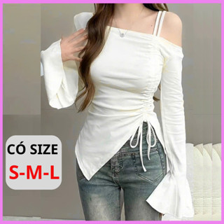 [CÓ SIZE] Áo Trễ Vai Tay Dài RANSHI Thiết Kế Xẻ Tà Phối Dây Rút Ôm Body Sexy Quyến Rũ Chất Thun Tăm Thái