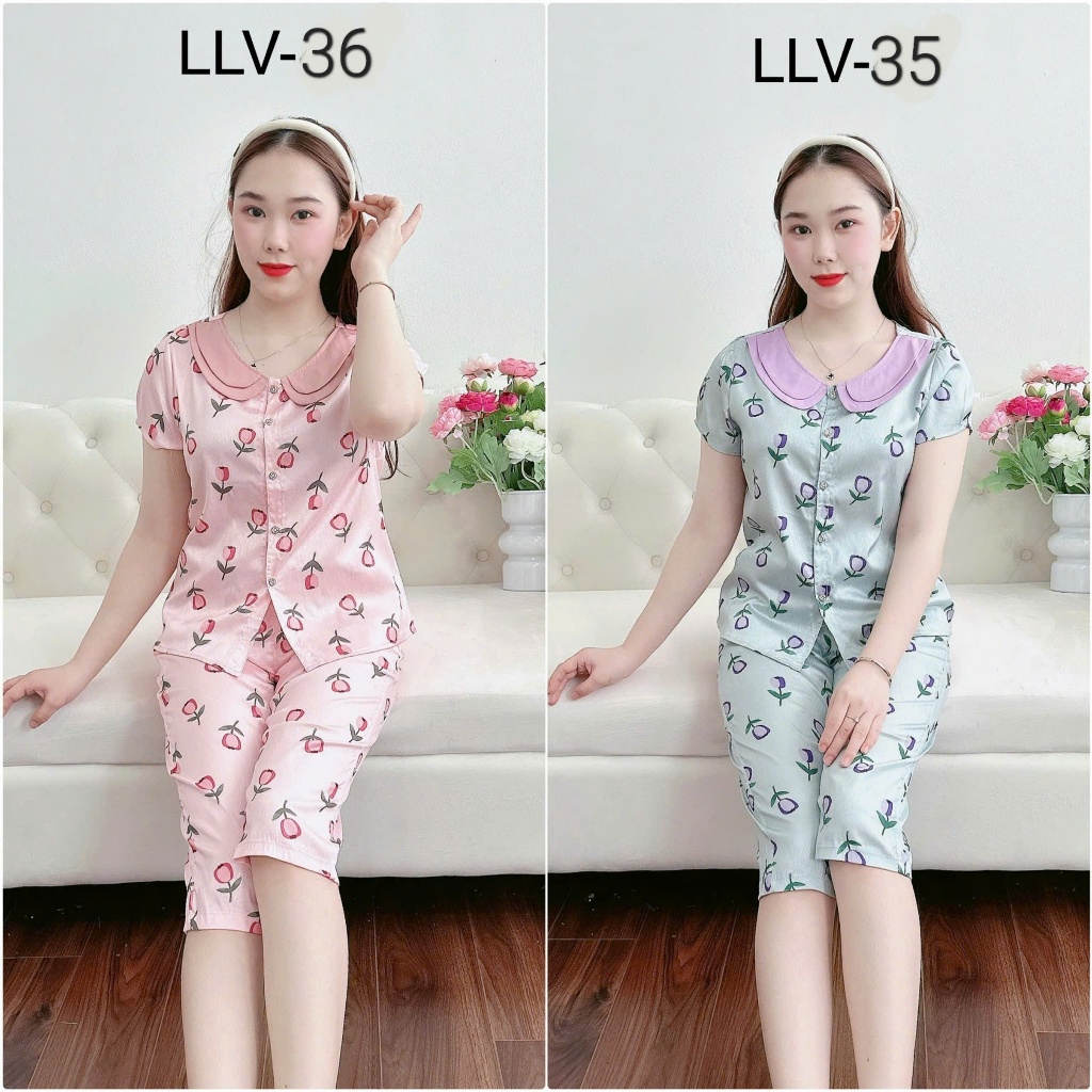 (Bunnysky) Đồ bộ mặc nhà nữ (video), bộ lửng và dài vải thô thái và lụa vân mềm thiết kế cổ kép tròn hoạ tiết xinh iu