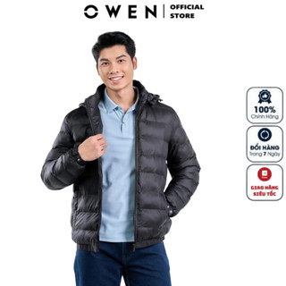 Áo khoác nam OWEN JK231608 màu đen trơn chất lông vũ nhẹ vải poly cao cấp dáng suông bo cổ tay và gấu
