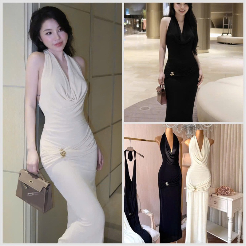 Đầm Body Nữ Tôn Dáng Cổ Yếm Dáng Dài Sang Chảnh Màu Đen Màu Trắng Vải Thun Nhũ Đi Đám Cưới Tiệc Bar Club