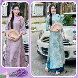 Áo dài cách tân Long Phụng dáng suông vải gấm cổ tròn màu đính đá hoa nơ tay lỡ đẹp xinh- Áo dài MƠ