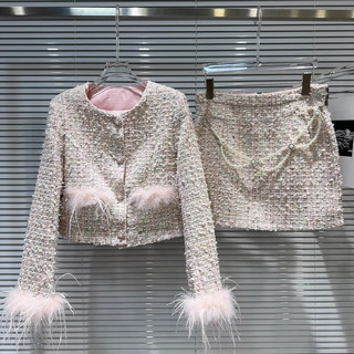 Bộ váy tweed Hàn quốc tay lông điểu