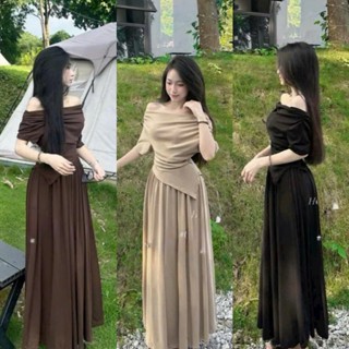  Set váy thiết kế đơn giản thanh lịch 3 màu basic tôn da áo trễ vai vạt xéo mix chân váy xòe dáng dài - SHOPNGÔFASHION 