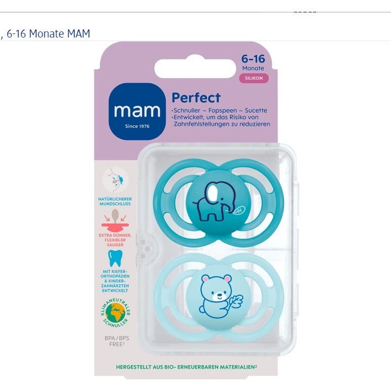 Ti giả Mam Đức 6-16m Chỉnh nha cho bé - MAM Perfect - Nguồn hàng Đức