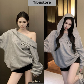 Áo Thun Trễ Vai Form Rộng Có Nón Lạ Mắt TIBU Áo Khoác Hoodie Cá Tính Thu Đông Sang Chảnh Đơn Giản Đi Chơi A61