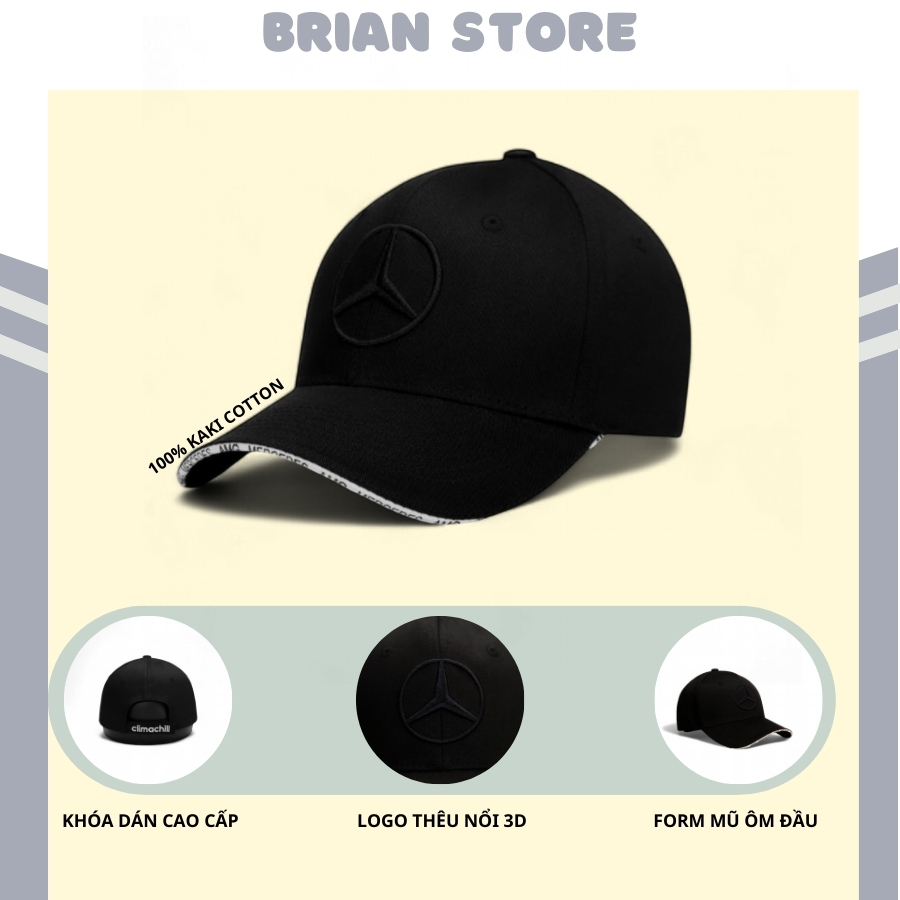 Mũ lưỡi trai Mercedes đen phong cách thể thao, Nón kết lưỡi trai thêu logo Mercedes 3D