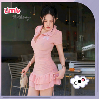 Váy nữ dáng ngắn cổ polo ôm body Linnie thiết kế rút dây 1 bên hack eo chân váy phồi bèo LN03VAY