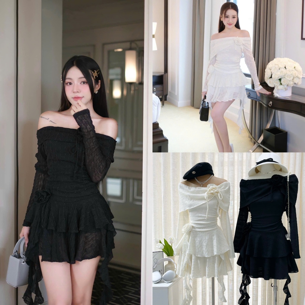 Đầm ren trễ vai tầng xòe phối tùng dây kèm hoa eo trắng đen