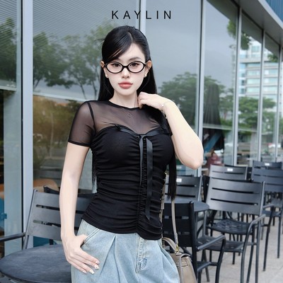 Áo kiểu KAYLIN nhúng eo phối nơ ruy băng chất vải cotton thun phong cách gợi cảm - N2322