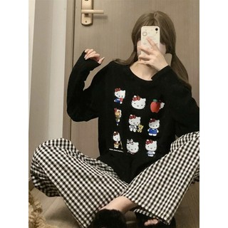  Sét bộ dài nữ mặc nhà thu đông 2025 Hello kitty Menia_studio set dài mặc nhà cho nữ áo thun giấy quần suông kate 