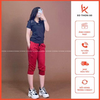 Áo có cổ trơn MÀU ĐEN, quần jogger lửng trơn MÀU ĐỎ ĐÔ [hình thật shop chụp] Eothon60