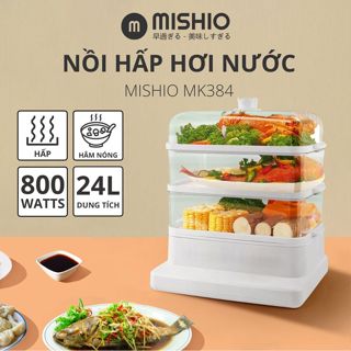 Nồi Hấp Bằng Điện 3 Tầng 24L Mishio MK384, Nồi Hấp Điện Bằng Hơi Nước 3 Tầng, Công Suất 800W