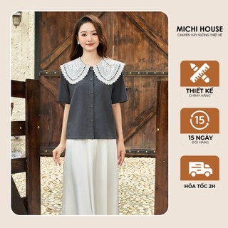 Áo Kiểu Michi House Áo Dáng Suông Tay Ngắn Cổ Sen Thanh Lịch A85