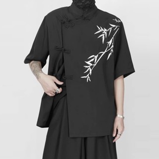 Áo shanghai thêu trúc vạt chéo nút tàu unisex form rộng cổ điển